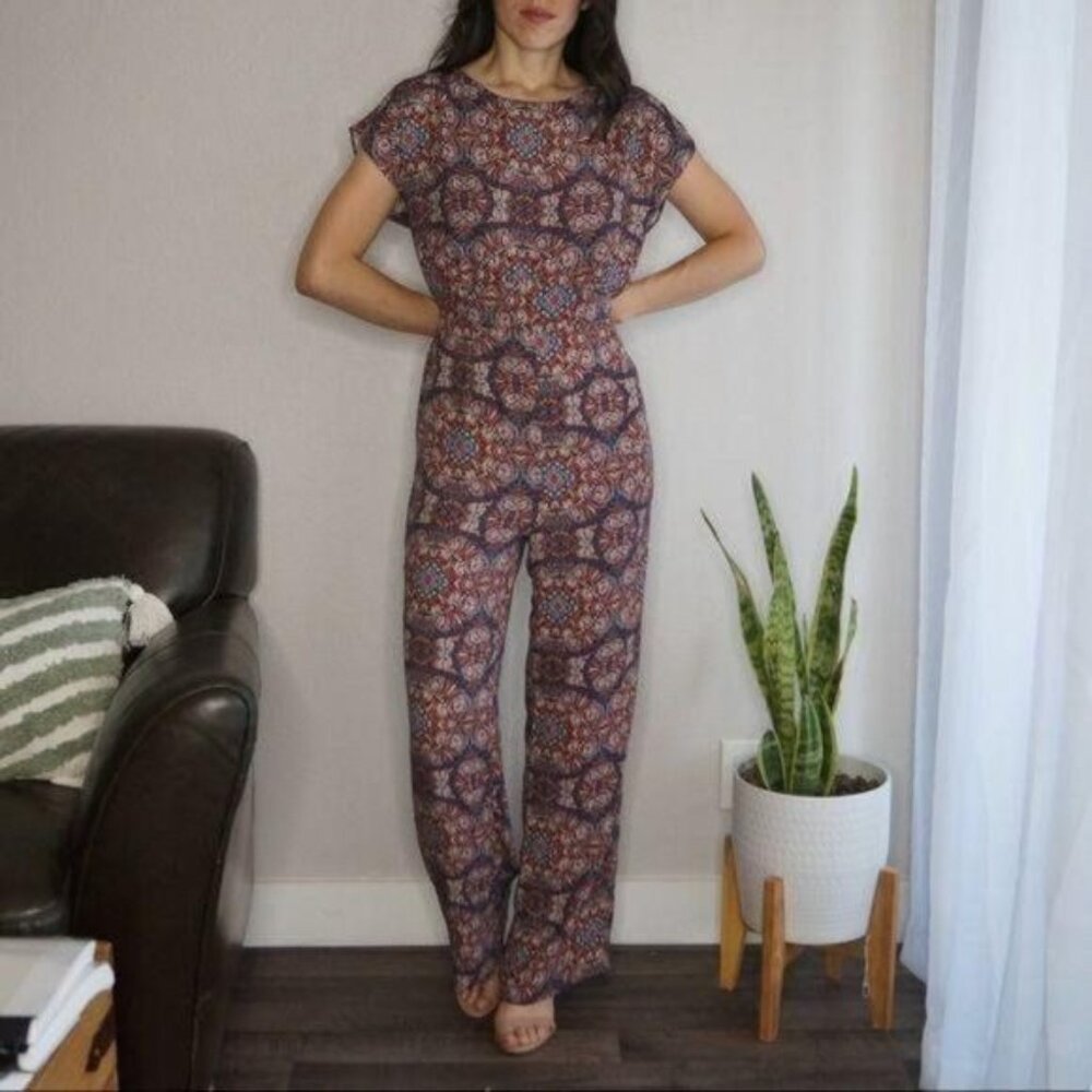 Multicolor Cap Sleeve Boat Neck Palazzo Jumpsuit Geometric Print Size M - Picture 2 of 11